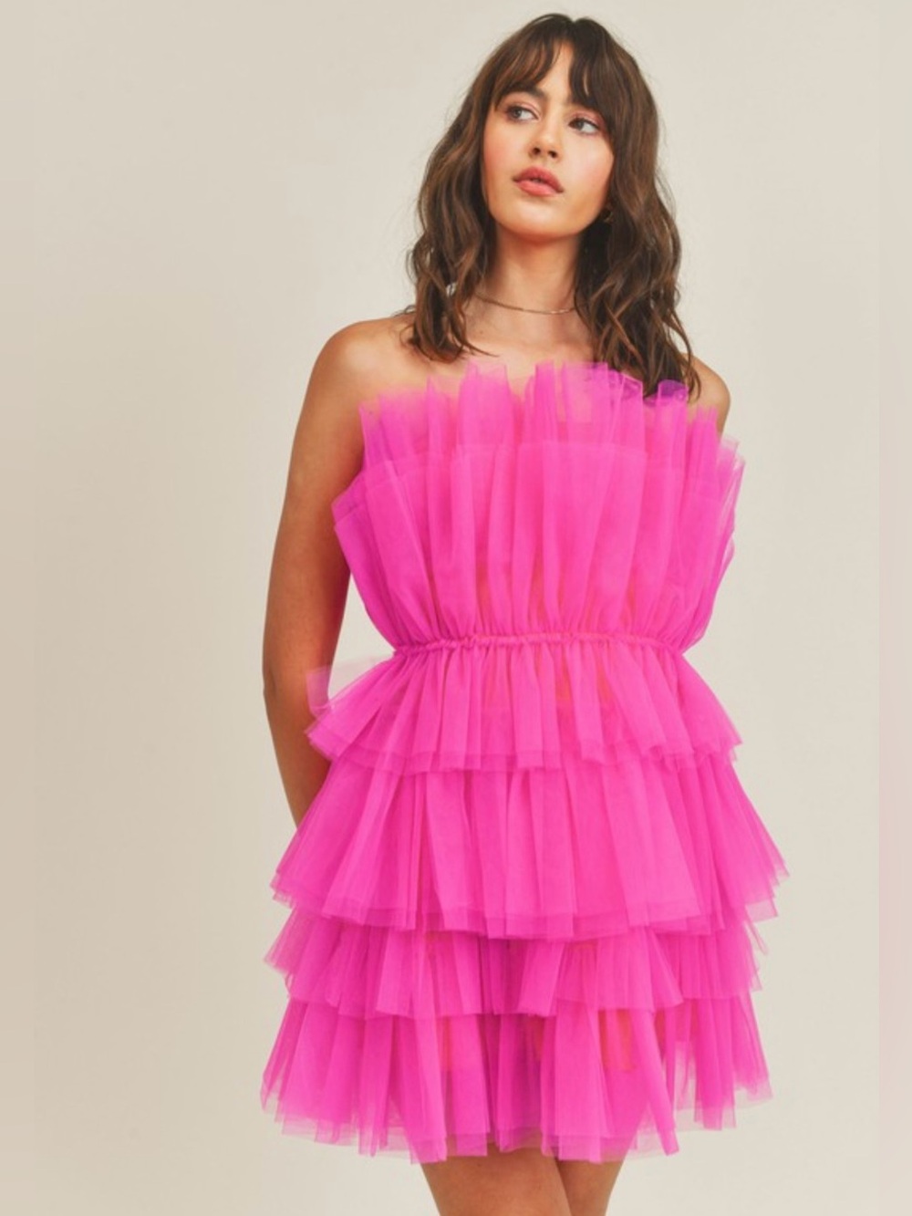 Hot Pink Tiered Tulle Strapless Dress